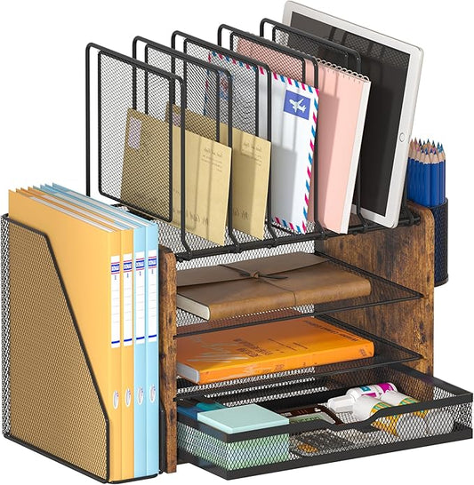 Piskyet Desk Organizer and Accessories, Wooden Desk File Organizer with Drawer,5 Vertical File Holders and 2 Pen Holders,Fancy Desktop Storage for Home Office