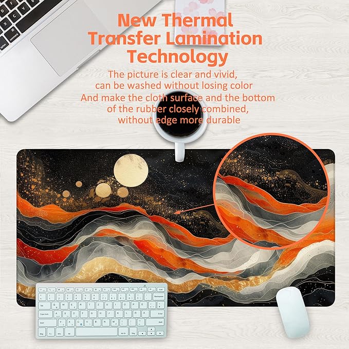 Large Gaming Mouse Pad, Orange Golden Waves Desk Mat, Abstract Art Painting Desk Pad, 31.5"x15.7" Extended Big Computer Keyboard Mouse Pad with Non-Slip Base and Stitched Edge