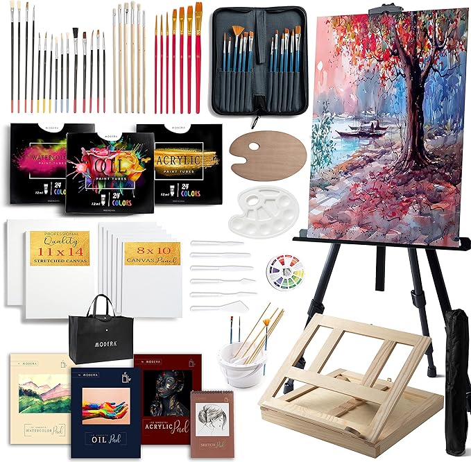 Large Deluxe Artist Painting Set, 141-Piece Professional Art Paint Supplies Kit w/Aluminum Field & Wood Table Easel for Adults, Acrylic, Oil, Watercolor Paints, Brushes, Canvases, Sketch Pads & More