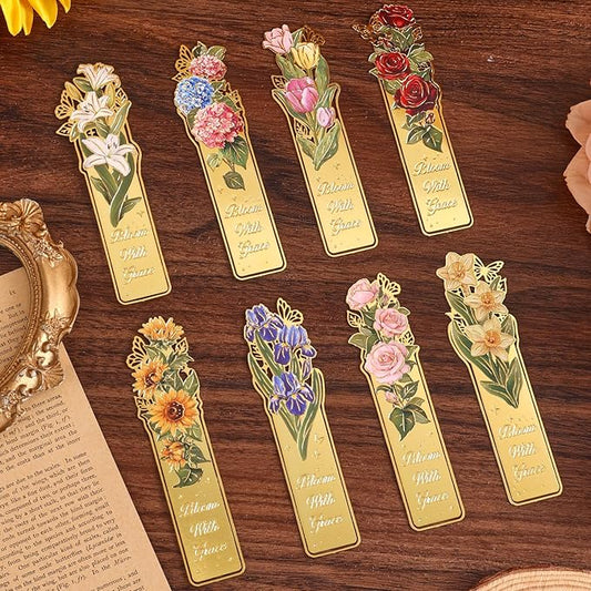 8 Pieces Metal Clip Bookmarks, Golden Hollow Floral Bookmark Monet Oil Painting Theme Book Mark Birthday Funny Art Gifts for Women Book Lovers Writers Readers Children Teens Men