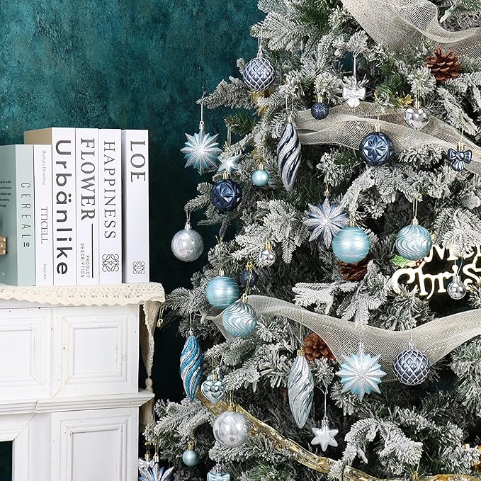 82Pcs Blue and Silver Christmas Ornaments Set, Shatterproof Medium Christmas Ball Ornaments, Christmas Decorations Hanging Ornaments for Xmas Trees, Holiday, Party Decor (Navy Blue & Silver)