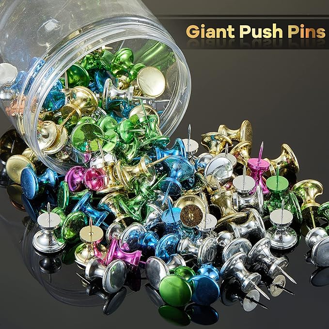 Outus 100 Pcs Giant Push Pins Large Thumb Tacks Plastic Heads 1 Inch Jumbo Push Pins for Cork Board Map Posters Office School(Purplish Red, Gold, Blue, Green, Silver)