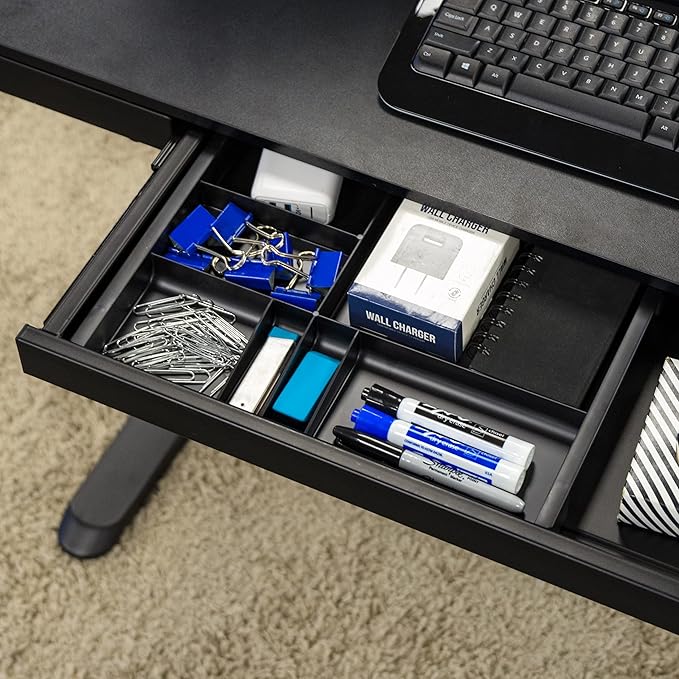 IRIS USA 14" x 10" Stacking Desktop Organizer Tray with Built-In Divider, 8 Pack, Plastic Storage Container for Stationery Art Craft Supplies Office Desk Drawer and Small Business Organization, Black