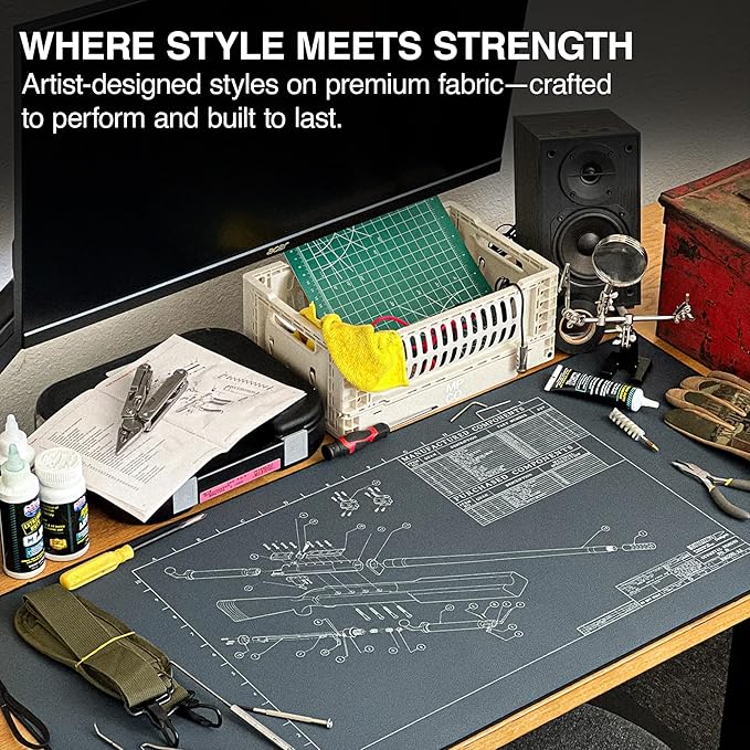 MPCO. Blueprints Large Gaming Desk Pad - 36" x 17" Aeroglyde Fabric Browning 50 Cal – Blue Desk Mats - Non-Slip, Washable, Smooth Glide for Precision Gaming & Work