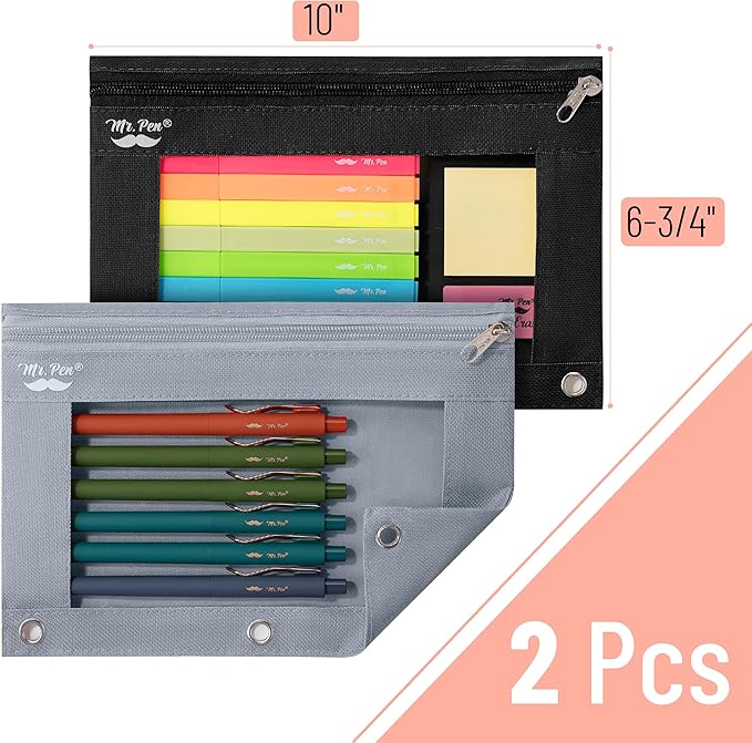 Mr. Pen- Pencil Pouch for 3 Ring Binder, 2 Pack, Black and Gray, 3 Ring Binder Pencil Pouch