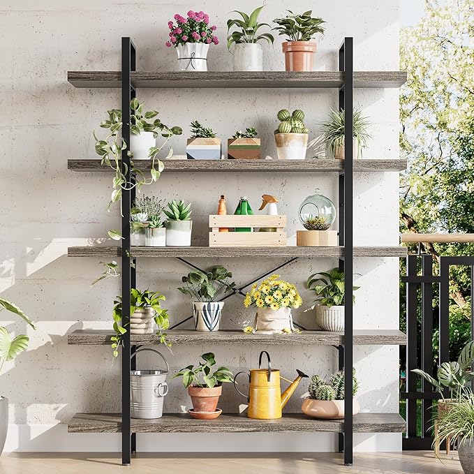 Heavy Duty 5-Tier Industrial Bookcase, 47" Wide Wood Bookshelf for Home Office, 120lbs Shelf Capacity, Rustic Shelving Display with Reinforced Horizontal Shelf for Living Room Bedroom,Grey