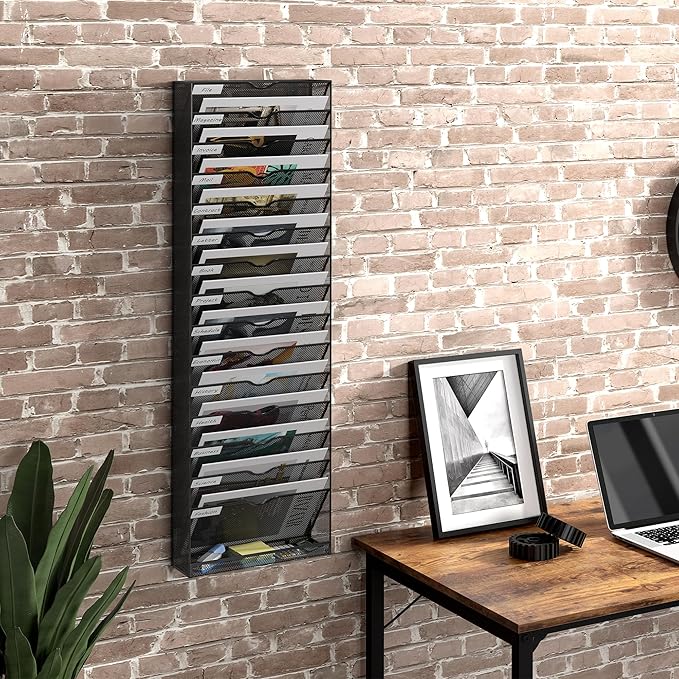 16 Tier Hanging Wall File Holder, Metal A4 Wall Mounted Document Holder, Vertical Hanging Mail Organizer, Magazine Storage Rack with Tray for Office Home Classroom, Black