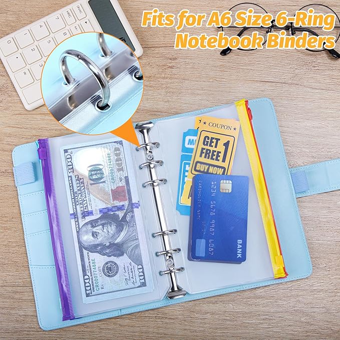 Antner 30PCS A6 Binder Pockets 6-Hole Budget Binder Inserts, 10 Assorted Color Zipper Pouch Folders Cash Stuffing Envelopes for Budgeting, Loose Leaf Filling Bags Money Organizer for A6 6-Ring Binders