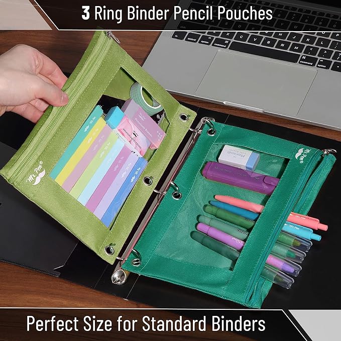 Mr. Pen- Pencil Pouch for 3 Ring Binder, 2 Pack, Green Shades, 3 Ring Binder Pencil Pouch