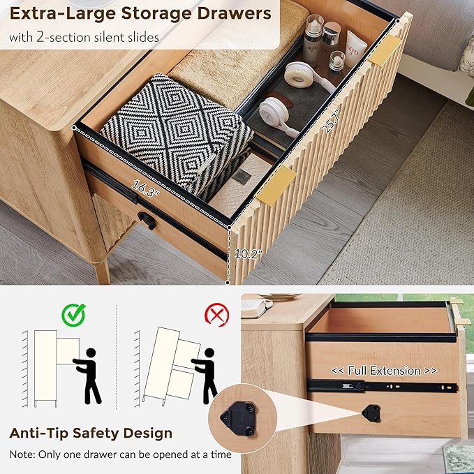 T4TREAM 2 Drawer File Cabinet, 30" Fluted Lateral File Cabinet w/Files Hanging Rod for Letter/Legal/A4, Large Tabletop for Printer, Office Wood Printer Cabinets, Natrual Oak