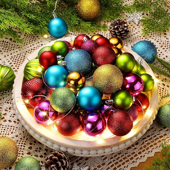 64 Pcs Neon Christmas Ball Ornaments Bright Christmas Ornaments Shatterproof Glitter Neon Red Pink Yellow Blue Green Xmas Baubles 1.6/1.97/2.4 Inch 80s 90s Christmas Ornaments for Tree Home