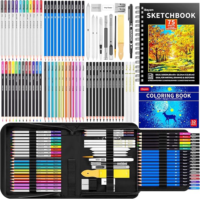 iBayam 78-Pack Drawing Set Sketching Kit Art Supplies for Adult Kids, Christmas Gifts for Teen Girls, with 3-Color Sketchbook, Coloring Book, Colored, Graphite, Charcoal, Watercolor & Metallic Pencil