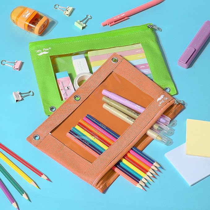 Mr. Pen- 2 Pack Pencil Pouch - Green and Orange Flat Zipper Pouch for 3 Ring Binder