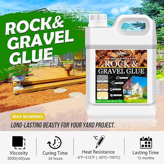 Mulch Glue & Gravel Binder - 1 Gallon / 128oz Rock Glue for Landscaping, Garden, Walkway - Ready to Use, Strong Pea Gravel Stabilizer for Lockdown Sticky Rocks, Pebble, Bark, Rubber, Sand, Stone