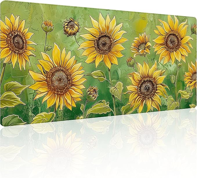 31.5”x11.8”Large Gaming Mouse Pad for Desk, Mouse Mat with Seamed Edges, Waterproof Desk Pad, Non-Slip Rubber Base, Keyboard Pad Computer Mat, Big XL Mousepad-Sunflowers On Green Oil Painting