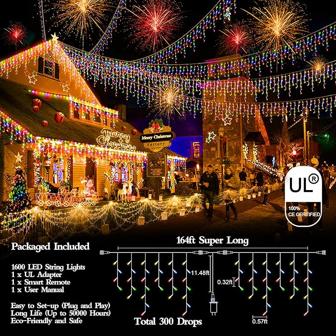 1600 LED 164FT Outdoor Christmas Lights Plug in 8 Modes with Timer Dimmable Christmas Decorations Waterproof Indoor Curtain String Lights for Roof Porch Garden Holiday Wedding Party Decor Multicolor