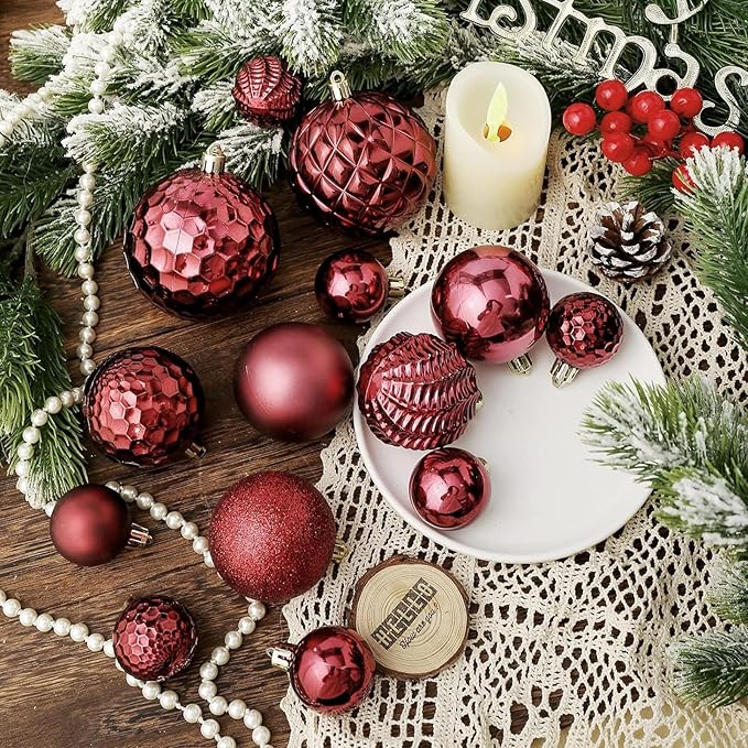 Christmas Balls Ornaments -36pcs Shatterproof Christmas Tree Decorations with Hanging Loop for Xmas Tree Wedding Holiday Party Home Decor,6 Styles in 3 Sizes(Burgundy)