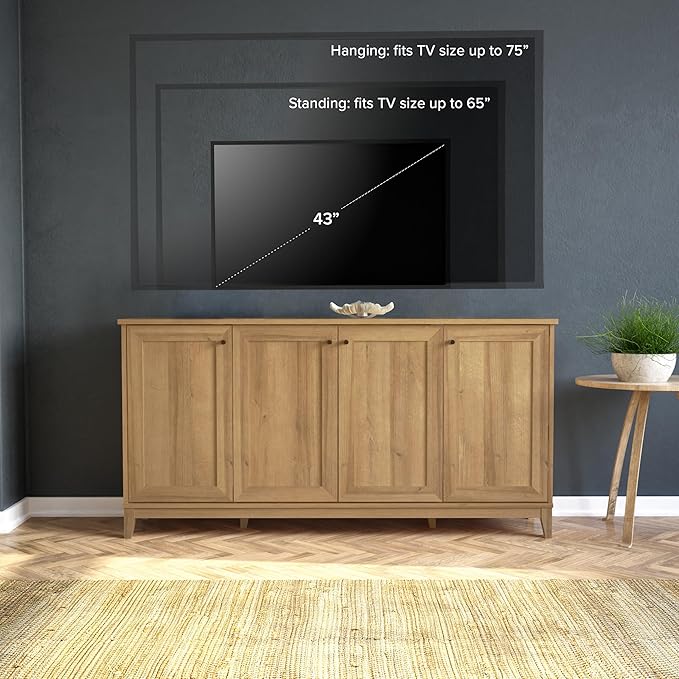 Prepac Yaletown 4 Panel Door Console Table with Storage, Oak Storage Cabinet with Doors and Shelves, Sideboard Storage Cabinet 60" W x 32" H x 16" D, OCBG-2220-1