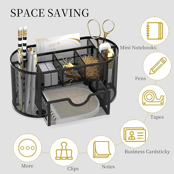 SUPEASY Mesh Desk Organizer, Desk Accessories & Workspace Organizers with Drawers, Pencil Holder for Desk with 9 Compartments for Office Supplies, 8.6 x 4.3 x 4.1 Inch, Black
