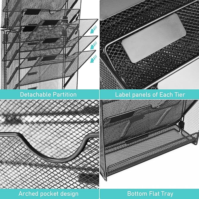 GALASALA Wall File Organizer, 10 Pockets Mesh Hanging File Organizer, Wall Mount File Holder With Hooks, Wall Organizer Magazine Rack for Office Supplies, Black