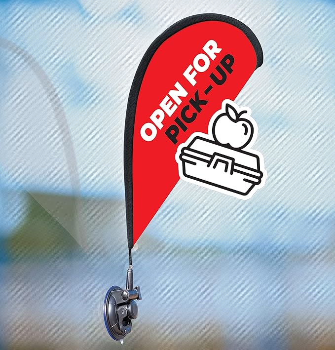 Indoor Outdoor Double Sided Window Flag for Business Sign Drive Thru, Delivery, Pick Up, Essential Business and We are Open Small 3D Flag Kit for Small Business (Take Out)