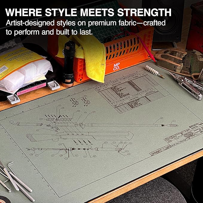 MPCO. Blueprints Large Gaming Desk Pad - 36" x 17" Duraglyde Fabric Browning 50 Cal – Green Desk Mats - Non-Slip, Washable, Smooth Glide for Precision Gaming & Work