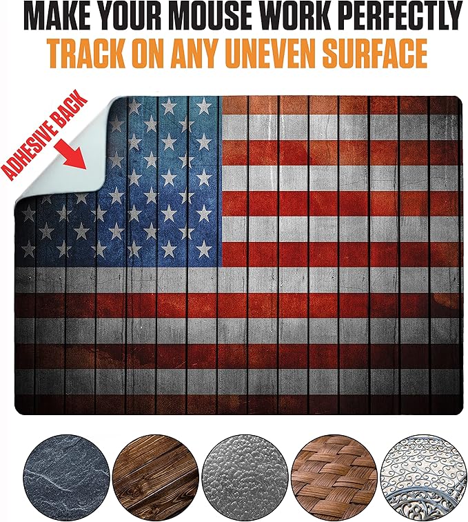 Adhesive Mouse Pad - Peel and Sticks to Any Surface - Travel Mouse Pad, Sticky for Any Surface - Excellent Tracking - USA Flag Wooden