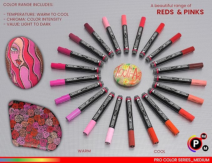 TOOLI-ART 22 Acrylic Paint Markers Paint Pens Pro Color Series Set 3mm Medium Tip for Rock Painting, Glass, Mugs, Wood, Metal, Glass Paint, Canvas, DIY. Non Toxic, Waterbased, Quick Drying (REDS)