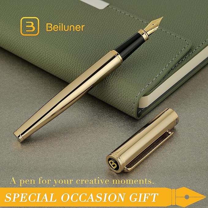 BEILUNER Gold Fountain Pen,Stunning Luxury Pens with 24K Gold Accents, Gorgeous 24K Gilded Nib(Fine), Ink Converter,Fancy Pen Gift for Men&Women-Elegant, Graduation, Office, Reliable,Nice for Writing