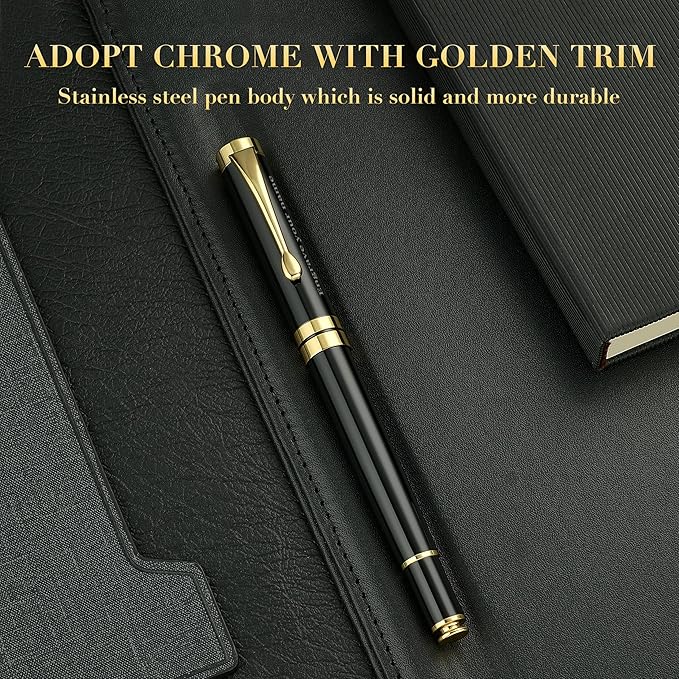 BEILUNER Personalized Ballpoint Pens, Stunning Black Chrome Metal Pen with Golden Trim, Best Ball Pen Gift Set for Men & Women, Executive, Office, Nice Pens-Gift Box with 0.5mm Black Extra Refill