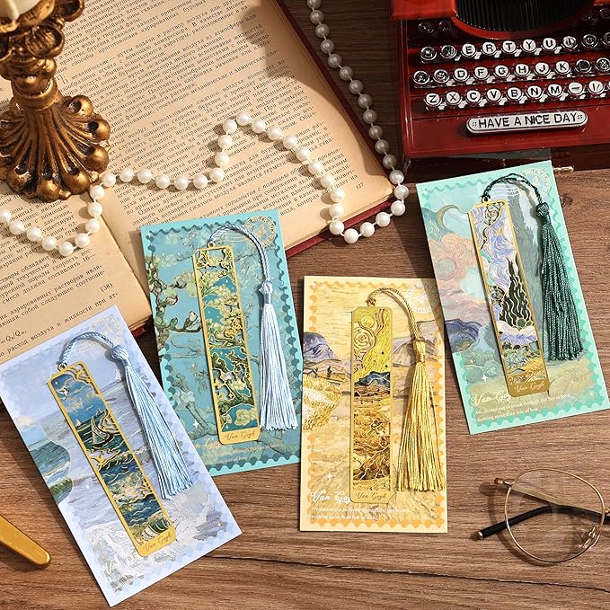4 Pieces Metal Bookmarks with Tassel, Golden Hollow Bookmark Oil Painting Theme Book Mark Bookmarks for Book Lovers Writers Readers Children Teens for Women Adults Teen