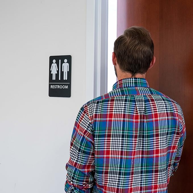 USA Made - Men's and Women's Restroom Signs ADA-Compliant Bathroom Door Signs for Offices, Businesses, and Restaurants, Black, Blue, Grey and Taupe/Tan Colors (Black Unisex)
