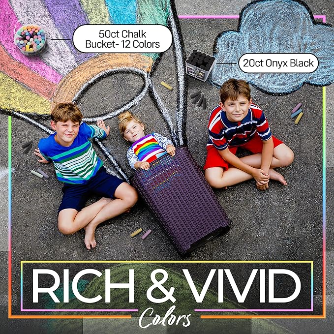 Loddie Doddie Sidewalk Chalk for Kids - 50 Count, 12 Multicolor Jumbo Sticks - Non-Toxic & Washable Bulk Chalk Pack in Reusable Bucket - Easy Grip for Vibrant Outdoor Kids Activities