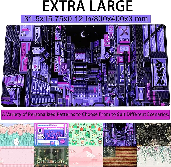 Tokyo Street Desk Pad Purple, Cute Retro Large Gaming Mouse Pad, Japanese Anime Laptop Keyboard Mouse Mat XXL, Aesthetic Neon Pixel Skyline/City Desk Mat, Desk Decor Pads for Women 31.5"x15.75"