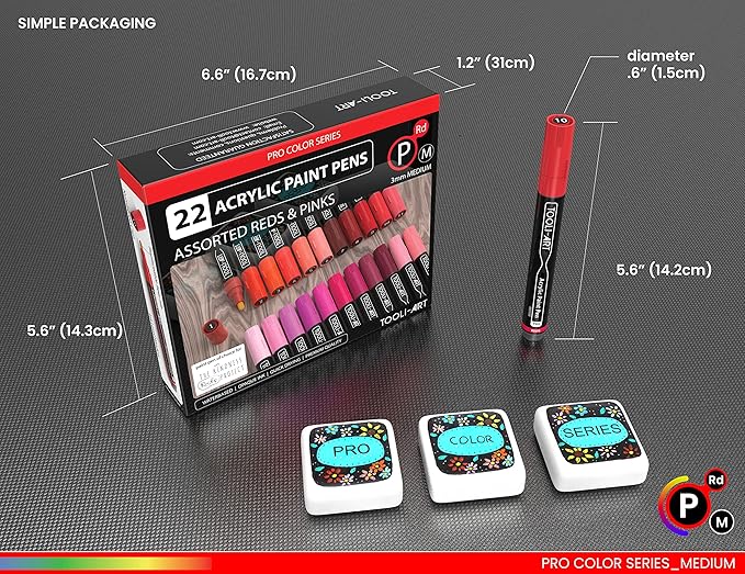 TOOLI-ART 22 Acrylic Paint Markers Paint Pens Pro Color Series Set 3mm Medium Tip for Rock Painting, Glass, Mugs, Wood, Metal, Glass Paint, Canvas, DIY. Non Toxic, Waterbased, Quick Drying (REDS)