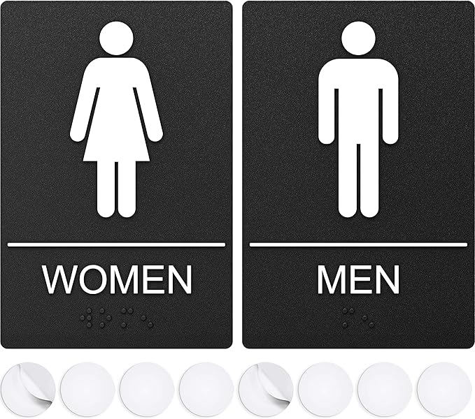 Bathroom Signs, Restroom Sign For Business - For Men and Women - 9" by 6" - ADA Compliant with Braille - Strong Double-Sided Adhesives Included - Apply to Office, Home, Public Door/Wall