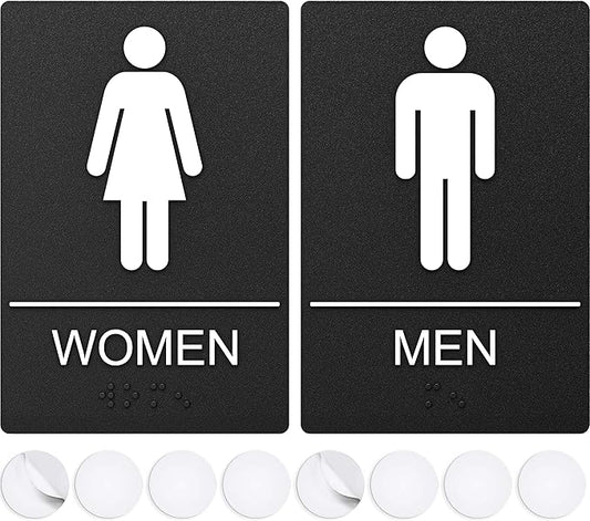 Bathroom Signs, Restroom Sign For Business - For Men and Women - 9" by 6" - ADA Compliant with Braille - Strong Double-Sided Adhesives Included - Apply to Office, Home, Public Door/Wall