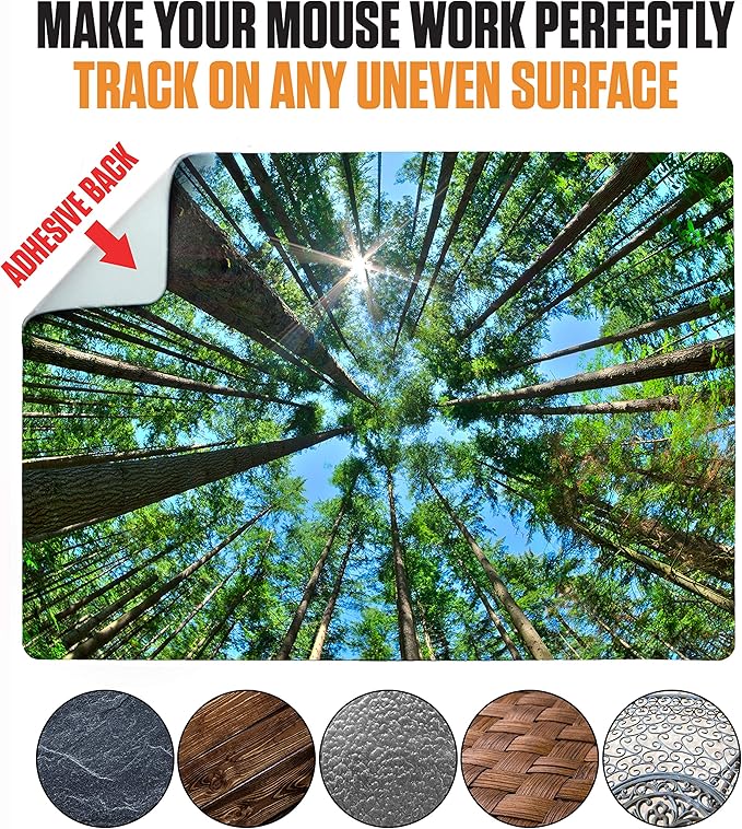 Mouse Pad Adhesive Bottom - Sticks to Any Surface - Portable - Webcam Covers and Screen Cleaner Included (Tall Trees)