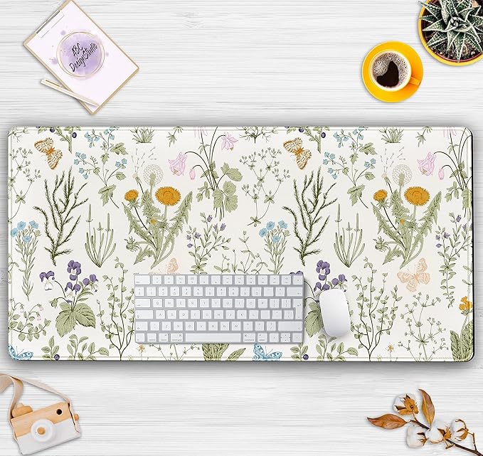 Cute Flowers Desk Mat Pressed Dried Floral Mouse Pad Neutral Beige Sage Green XXL Large Extended Gaming Mousepad Deskmat 31.5x15.75 in, Laptop Keyboard and Mouse Mat for Women Office Gamer Girl