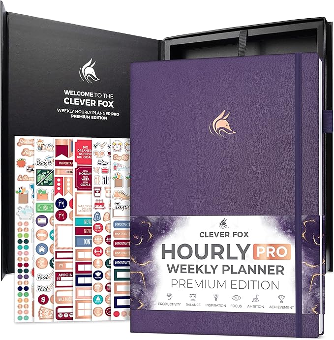 Clever Fox Hourly Planner PRO Premium – Undated Schedule Planner with Daily Time Slots – Personal Organizer Notebook for Time Management – Weekly & Monthly Life Journal, A4 size (Purple)