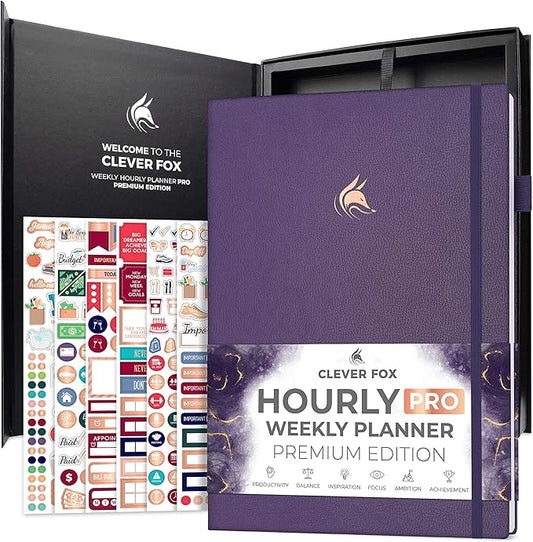 Clever Fox Hourly Planner PRO Premium – Undated Schedule Planner with Daily Time Slots – Personal Organizer Notebook for Time Management – Weekly & Monthly Life Journal, A4 size (Purple)