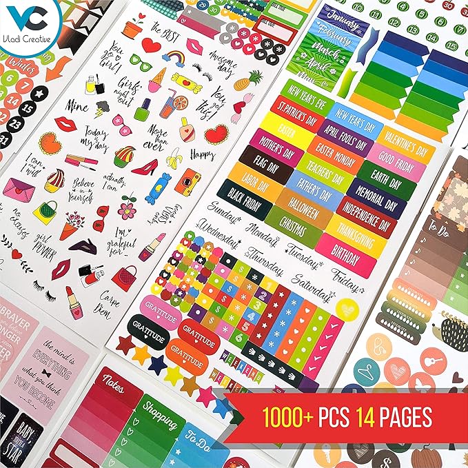 Vladi Creative Cute Colorful Planner Stickers – 1054 pcs / 15 Sheets – Functional & Decorative Icons, Dates, Weather, Flags – Writable Tabs for Bullet Journals, Calendars – Planner Accessories