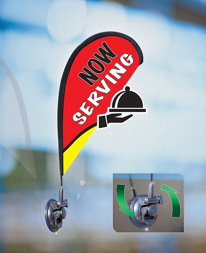 Indoor Outdoor Double Sided Window Flag for Business Sign Drive Thru, Delivery, Pick Up, Essential Business and We are Open Small 3D Flag Kit for Small Business (Serving)