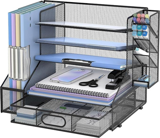 SUPEASY Desk Organizer with File Holder, 5-Tier Mesh Paper Letter Tray and 3 Tilted File Sorter for Office Supplies, Black
