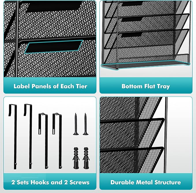 7-Tier Wall Hanging File Organizer Cubicle Hanging Organizer Mount File Holder, Mesh Magazine Document Mail Organizer Wall Organizer for Office School Home, Black