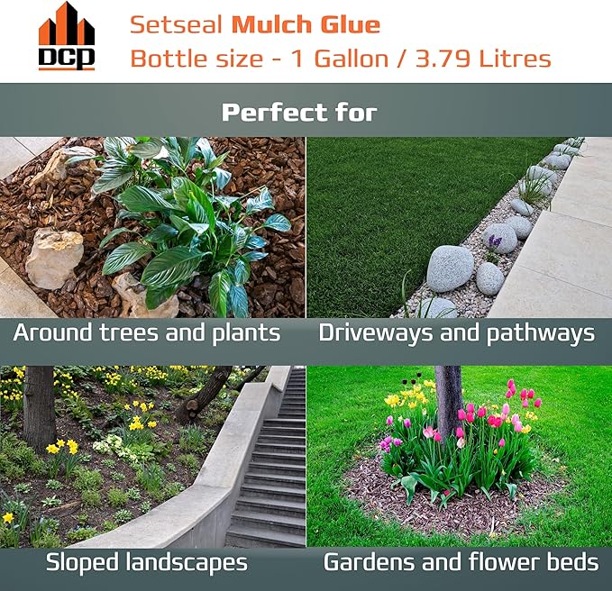 DCP Setseal Mulch Glue for Landscaping 1 Gallon - Gravel Stabilizer & Rock Glue - Works with Mulch, Pea Gravel, Pebble, Rubber Mulch, Large Gravel, Rocks - Ready-to-Use, Non-Toxic, Fast Drying