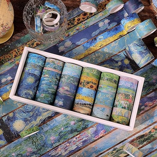 emmoolife 32 Rolls Washi Tape Set, Oil Painting Decorative Masking Tape, Van Gogh Adhesive Tape for Bullet Journal, DIY Crafts Gift, Party Decorations, Junk Journal, School Supplies