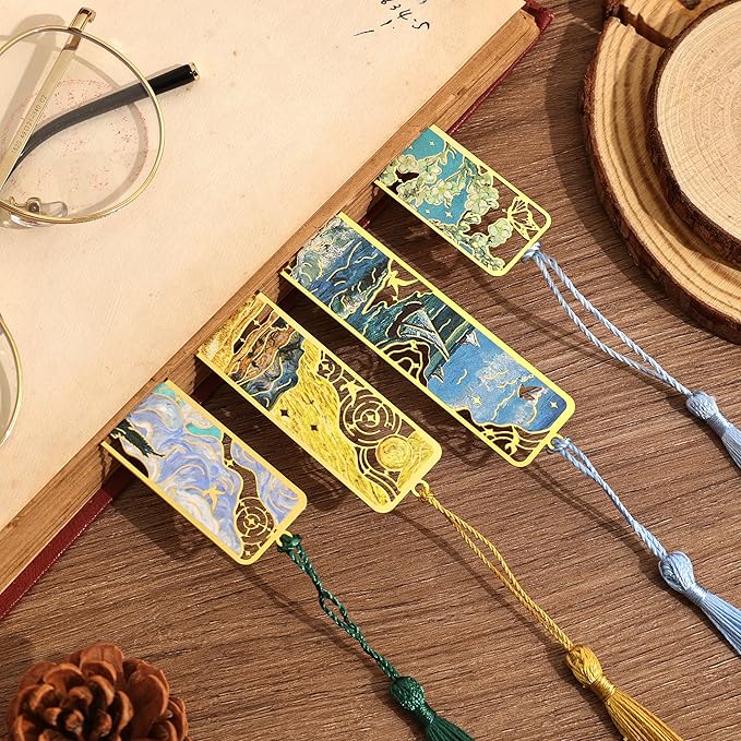 4 Pieces Metal Bookmarks with Tassel, Golden Hollow Bookmark Oil Painting Theme Book Mark Bookmarks for Book Lovers Writers Readers Children Teens for Women Adults Teen
