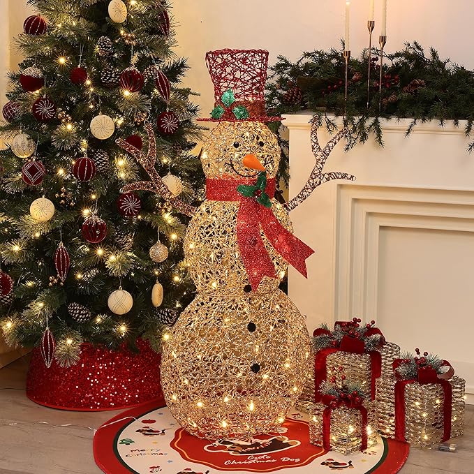 LuxenHome 4FT Lighted Snowman Outdoor Christmas Decorations, Gold Light Up Snowman Christmas Decor with 70 LED Light, Red Scarf & Hat, Xmas Decorations Outdoor, Indoor for Porch, Lawn Holiday Display