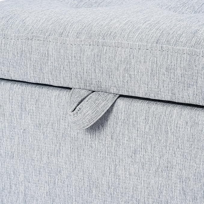 Adeco 18 Inch High Cube Ottoman Storage, Linen Chair Foot Stools, Upholstered Vanity Stool with Hinged Lid, Solid Wood Legs